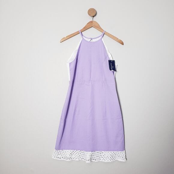 Lauren James Olivia Seersucker Halter Lilac White Lace Trim Dress Small NWT - Picture 1 of 8